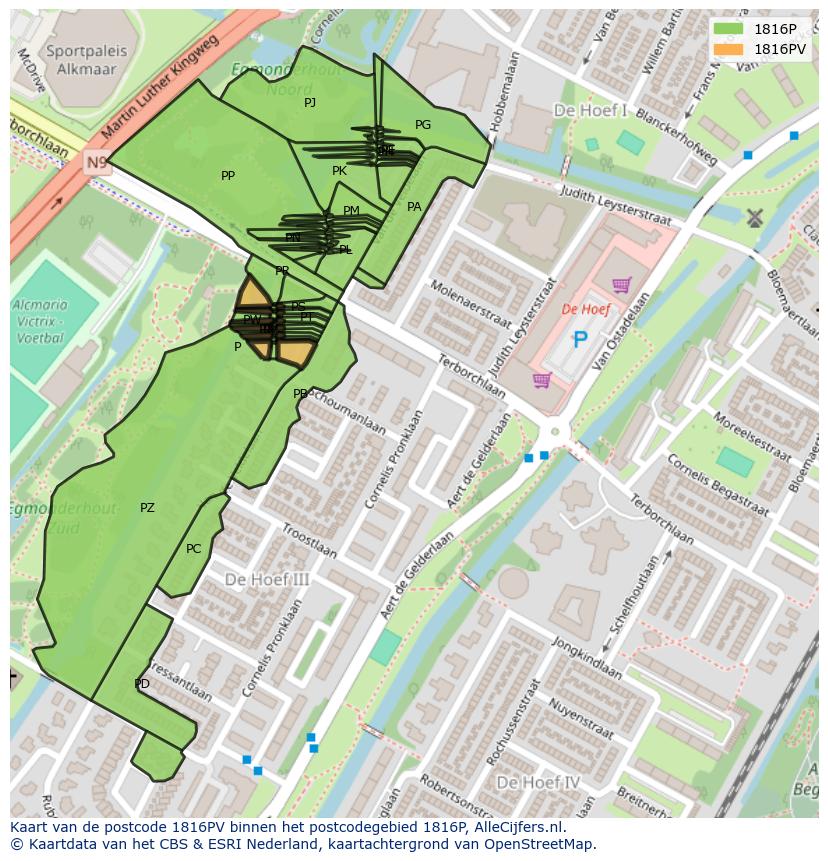 Afbeelding van het postcodegebied 1816 PV op de kaart.