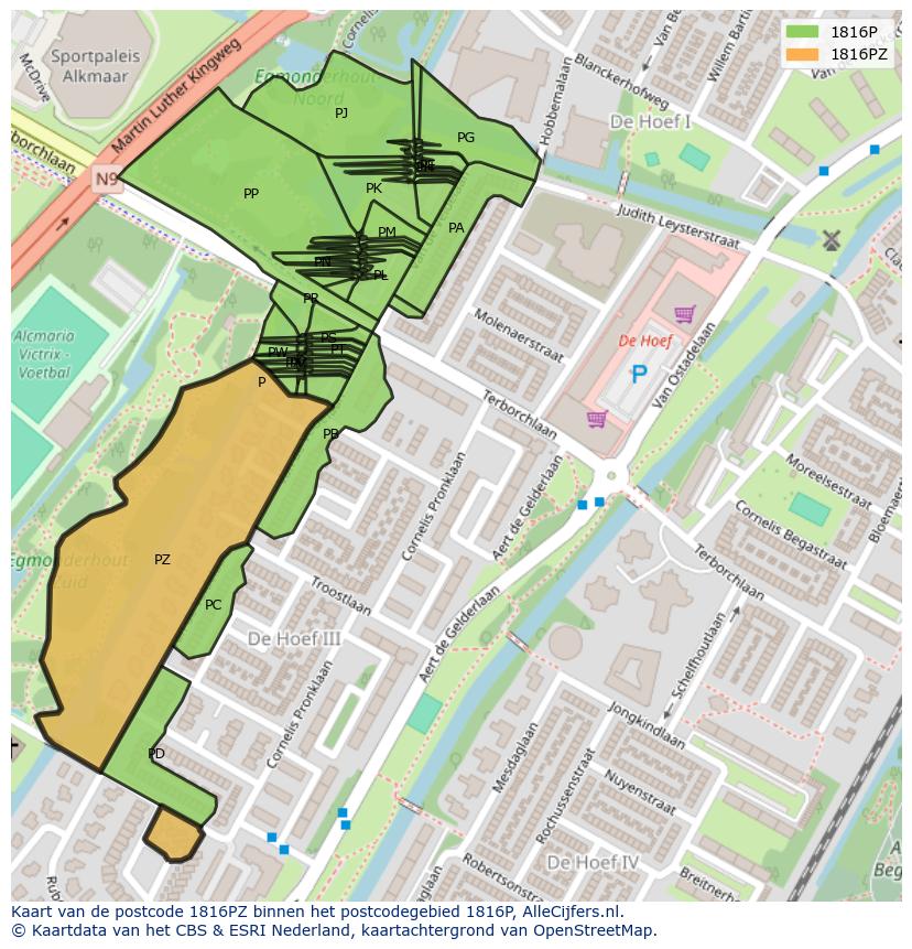 Afbeelding van het postcodegebied 1816 PZ op de kaart.