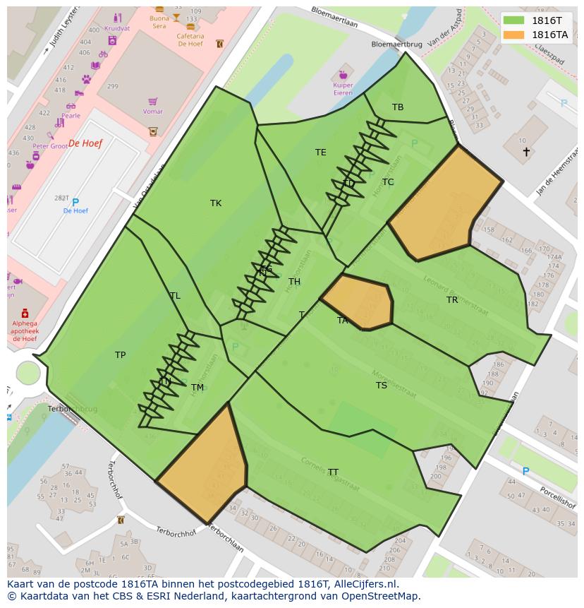 Afbeelding van het postcodegebied 1816 TA op de kaart.