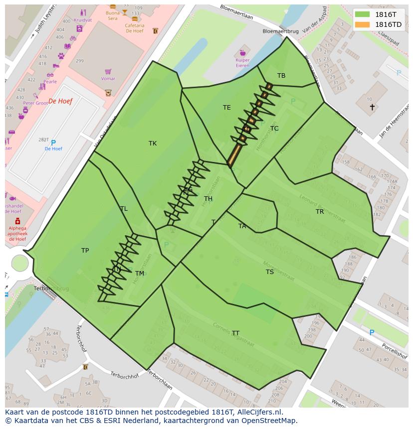 Afbeelding van het postcodegebied 1816 TD op de kaart.