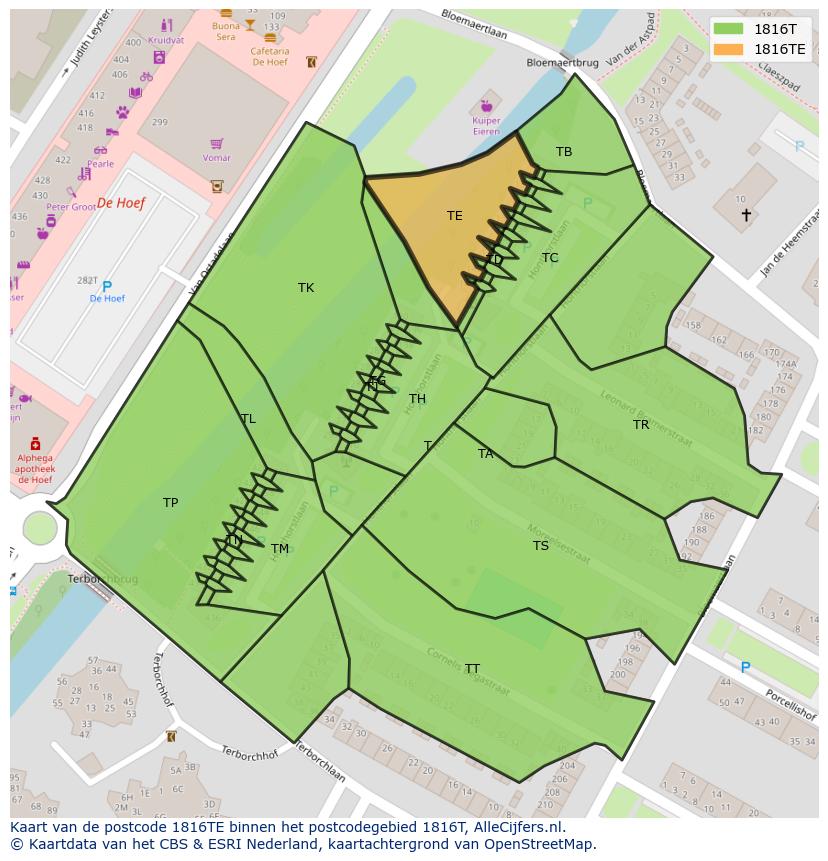 Afbeelding van het postcodegebied 1816 TE op de kaart.