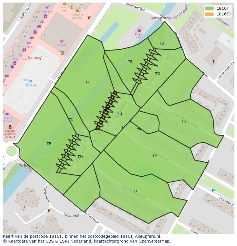 Afbeelding van het postcodegebied 1816 TJ op de kaart.