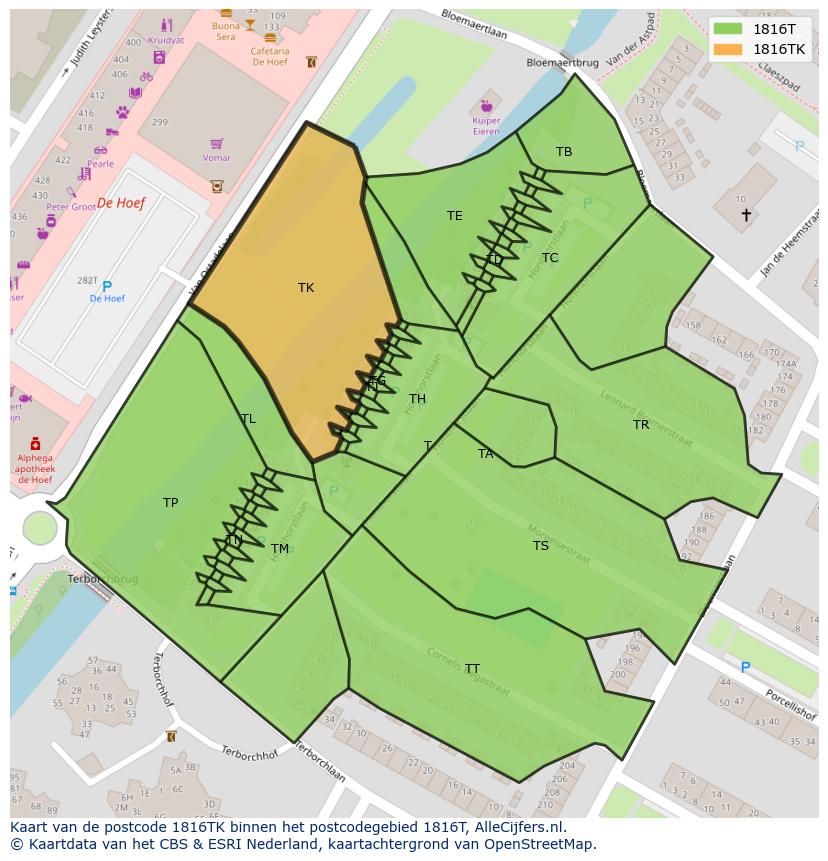 Afbeelding van het postcodegebied 1816 TK op de kaart.