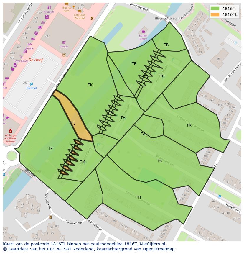 Afbeelding van het postcodegebied 1816 TL op de kaart.