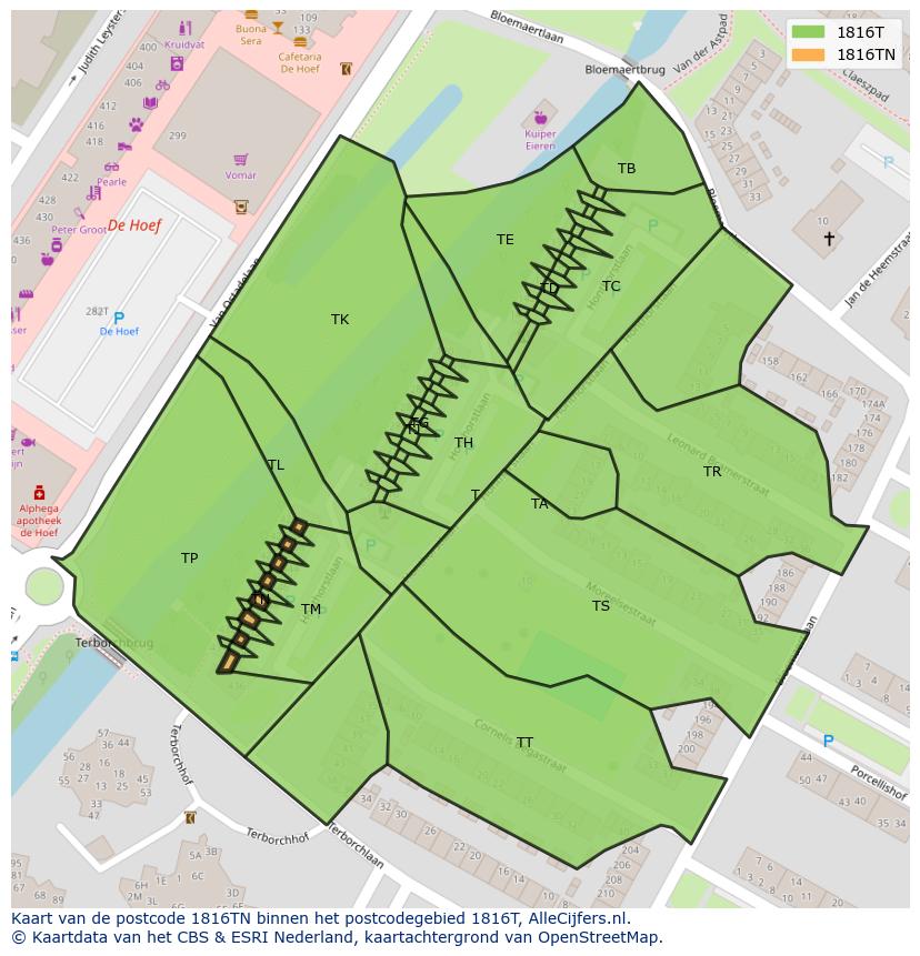 Afbeelding van het postcodegebied 1816 TN op de kaart.