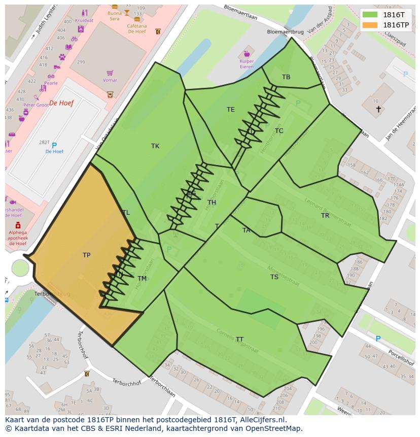 Afbeelding van het postcodegebied 1816 TP op de kaart.