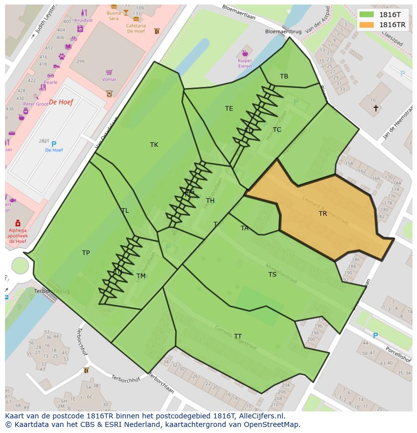 Afbeelding van het postcodegebied 1816 TR op de kaart.