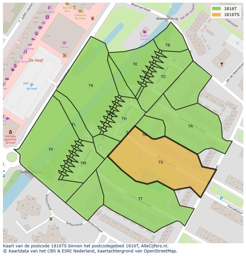 Afbeelding van het postcodegebied 1816 TS op de kaart.