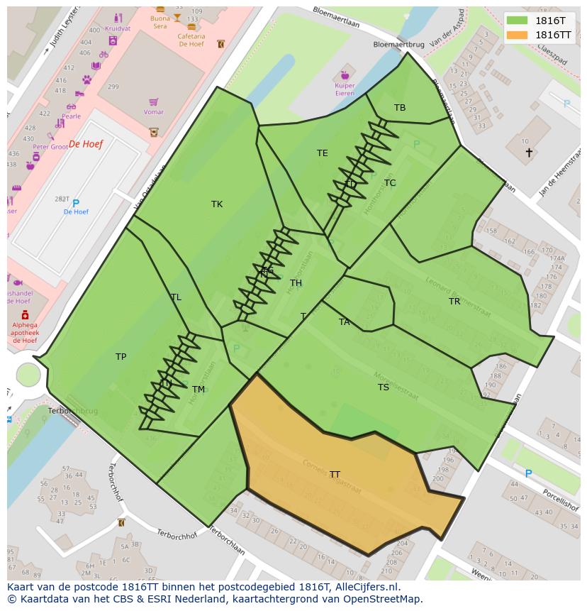 Afbeelding van het postcodegebied 1816 TT op de kaart.