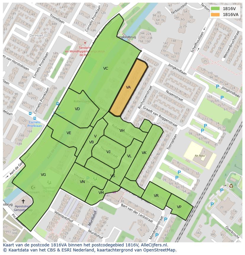 Afbeelding van het postcodegebied 1816 VA op de kaart.