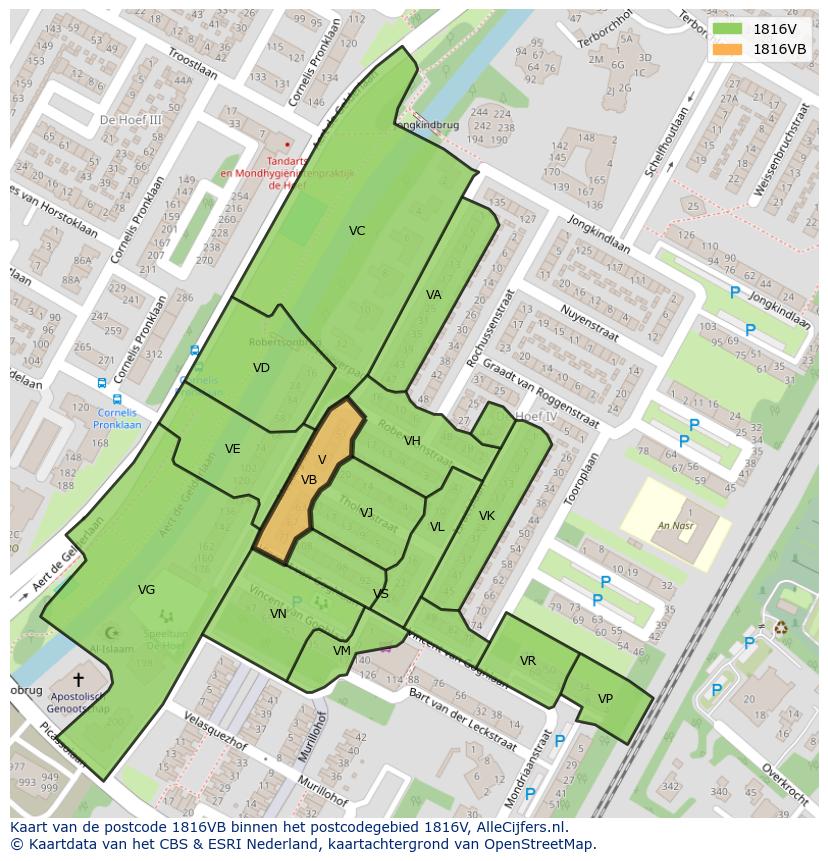 Afbeelding van het postcodegebied 1816 VB op de kaart.