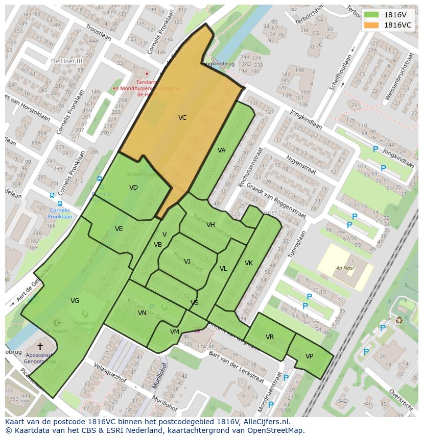 Afbeelding van het postcodegebied 1816 VC op de kaart.