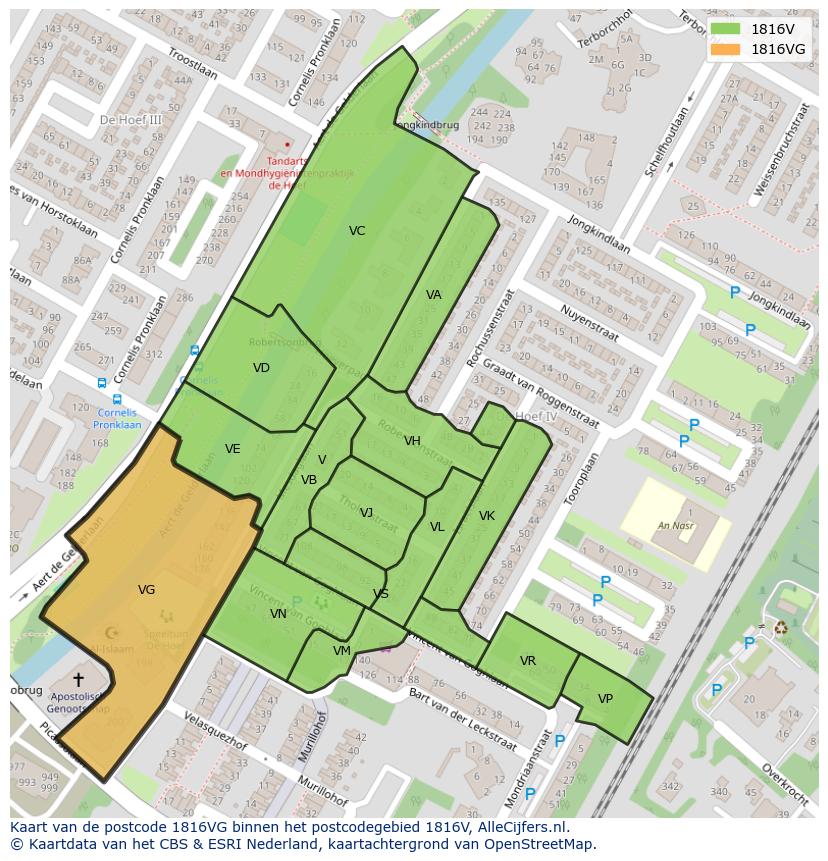 Afbeelding van het postcodegebied 1816 VG op de kaart.