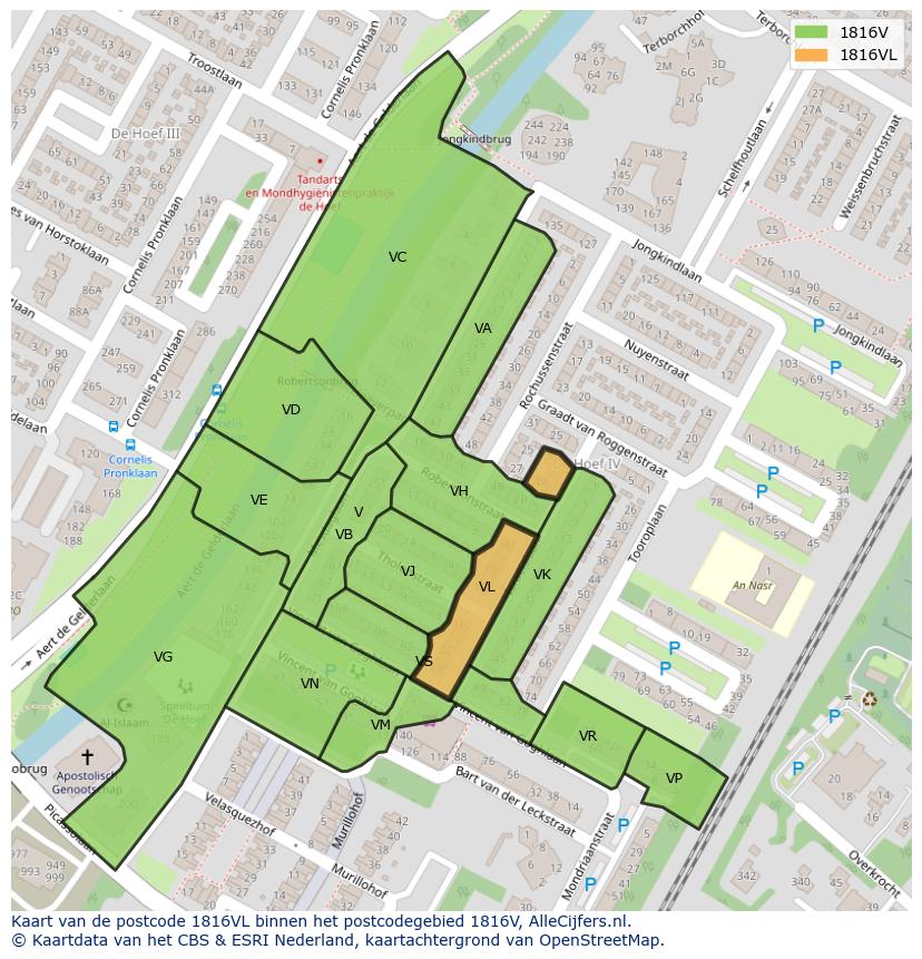 Afbeelding van het postcodegebied 1816 VL op de kaart.