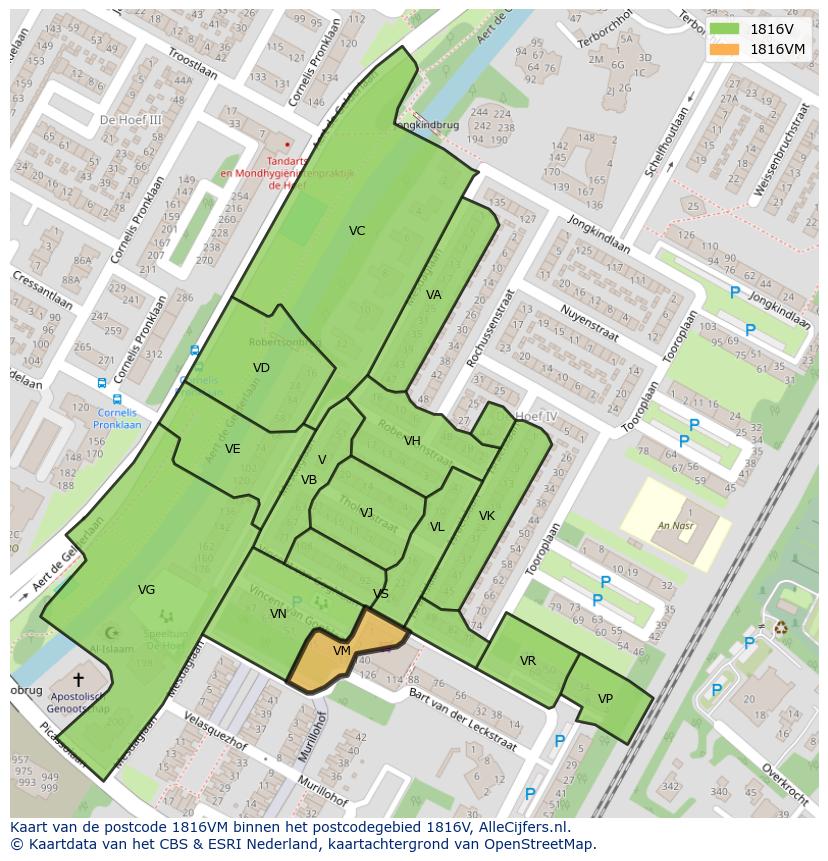 Afbeelding van het postcodegebied 1816 VM op de kaart.