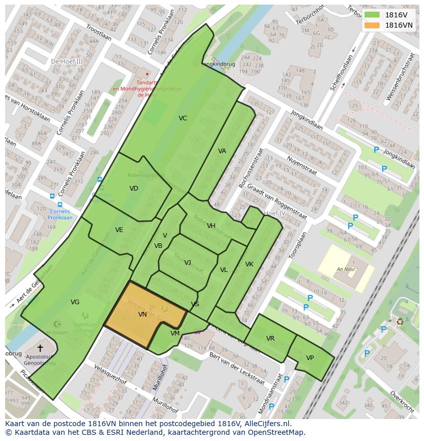 Afbeelding van het postcodegebied 1816 VN op de kaart.