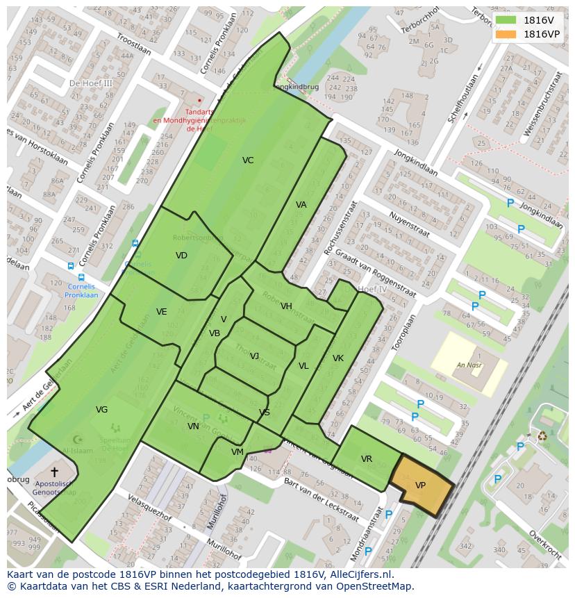 Afbeelding van het postcodegebied 1816 VP op de kaart.