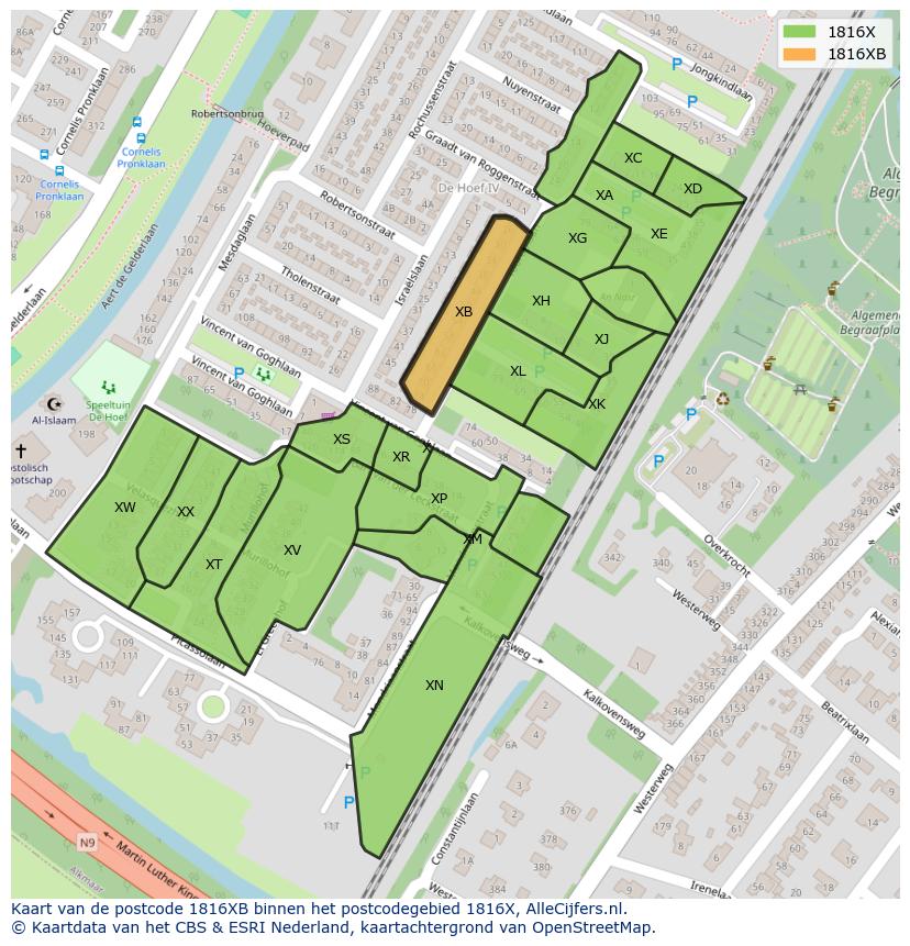 Afbeelding van het postcodegebied 1816 XB op de kaart.