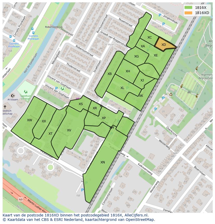 Afbeelding van het postcodegebied 1816 XD op de kaart.