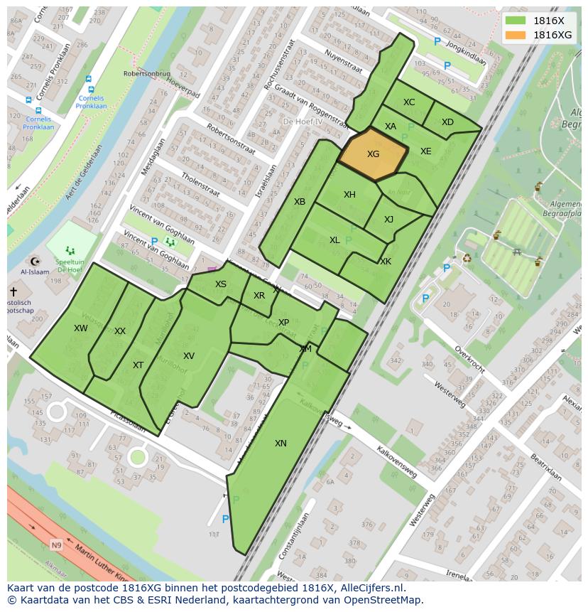 Afbeelding van het postcodegebied 1816 XG op de kaart.
