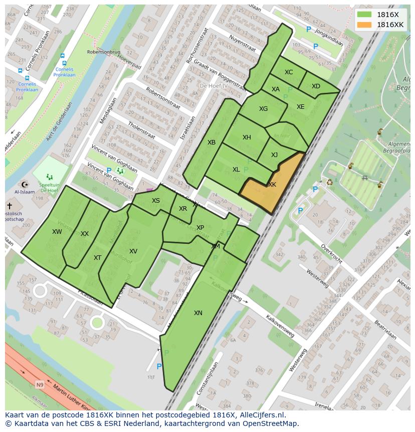 Afbeelding van het postcodegebied 1816 XK op de kaart.