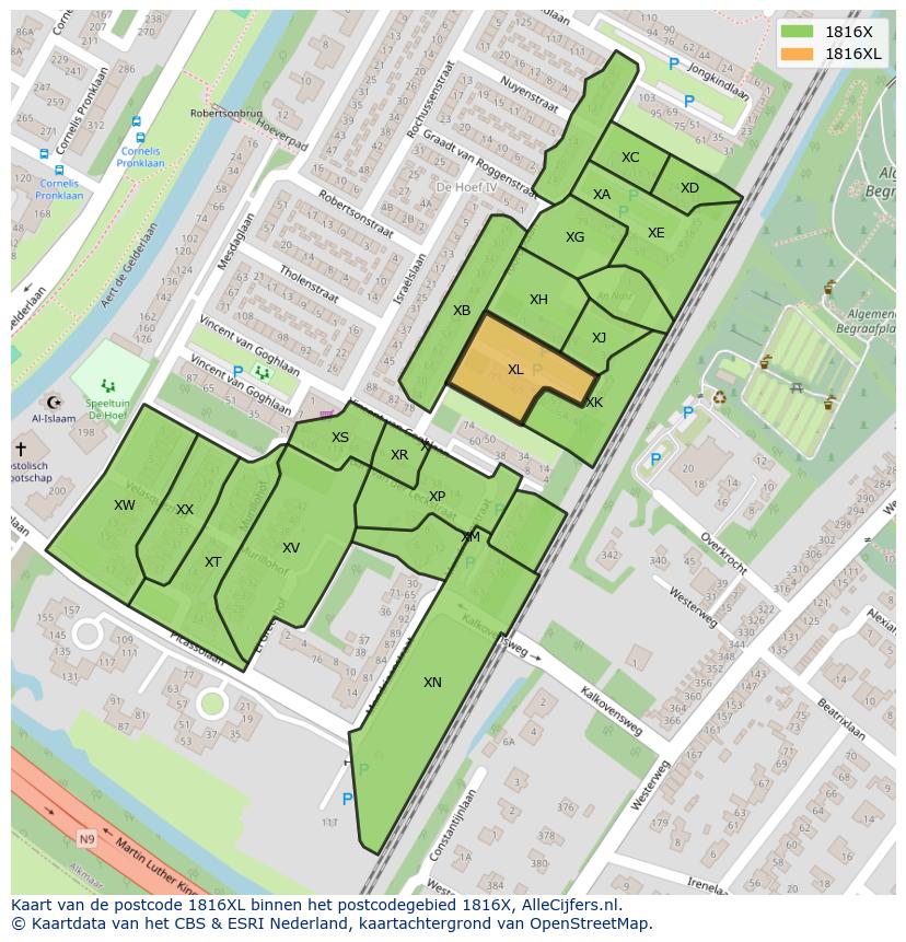 Afbeelding van het postcodegebied 1816 XL op de kaart.