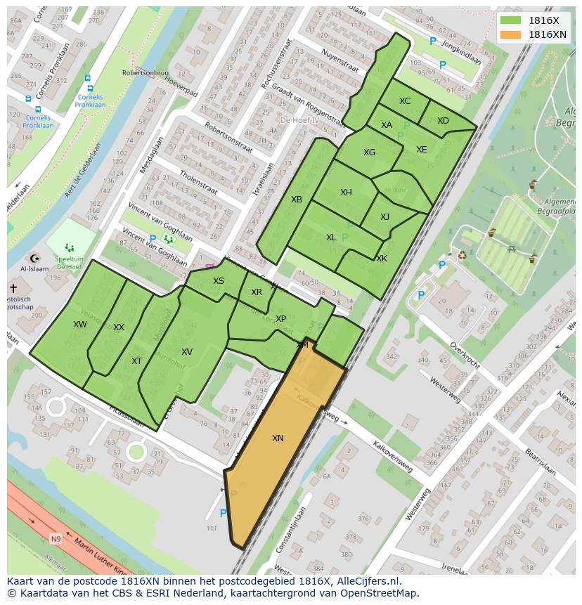 Afbeelding van het postcodegebied 1816 XN op de kaart.