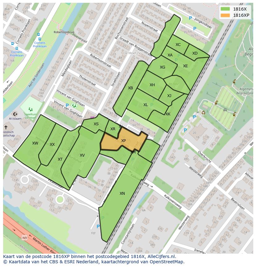 Afbeelding van het postcodegebied 1816 XP op de kaart.