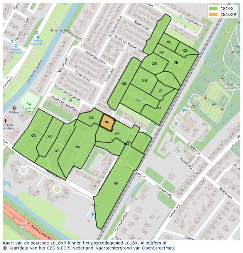 Afbeelding van het postcodegebied 1816 XR op de kaart.
