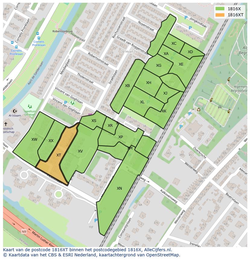 Afbeelding van het postcodegebied 1816 XT op de kaart.