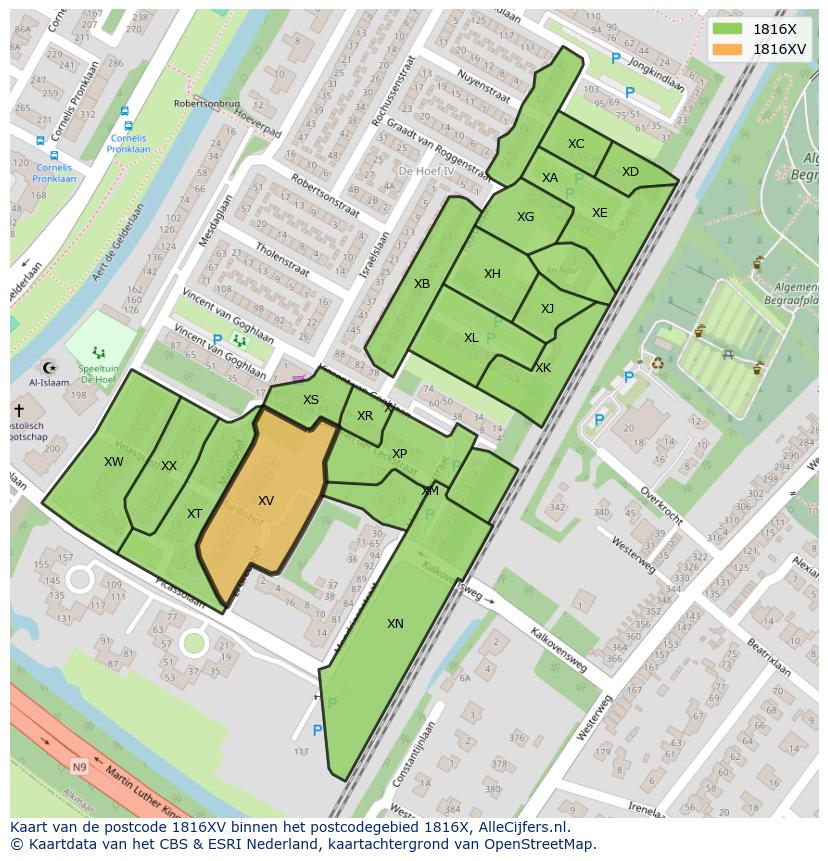 Afbeelding van het postcodegebied 1816 XV op de kaart.