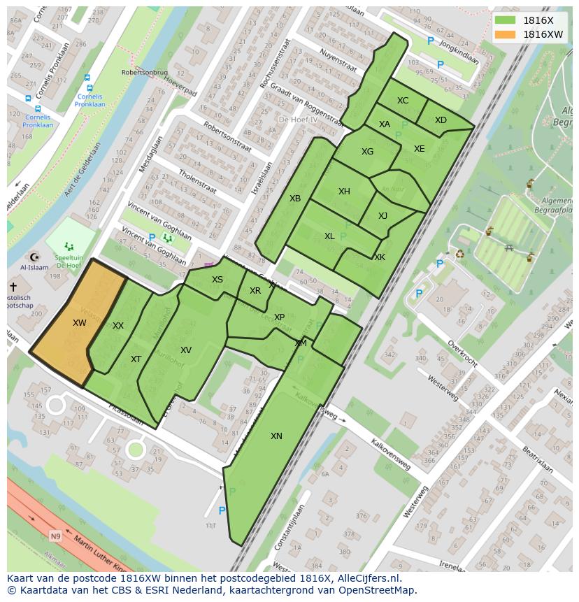 Afbeelding van het postcodegebied 1816 XW op de kaart.