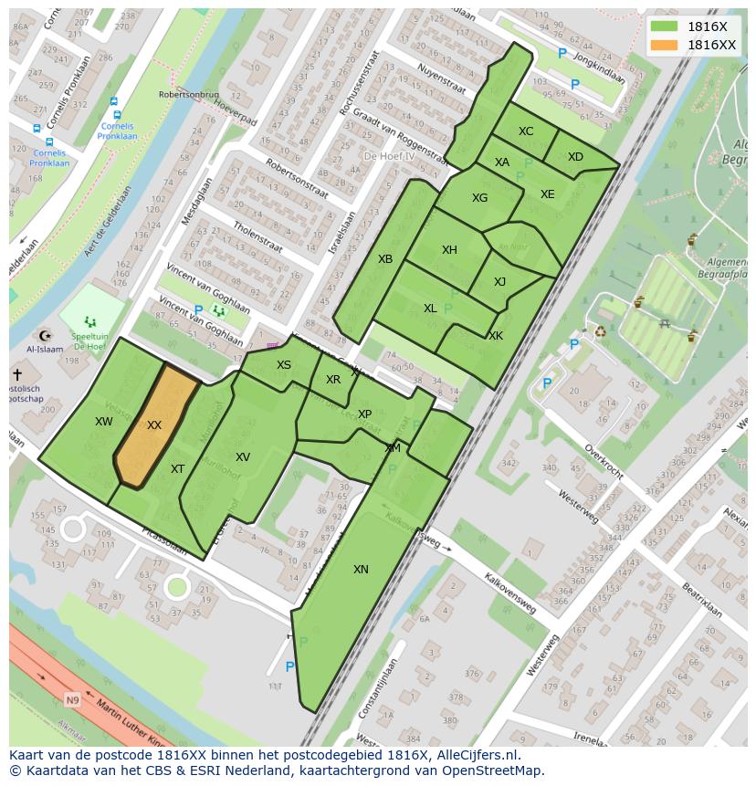 Afbeelding van het postcodegebied 1816 XX op de kaart.