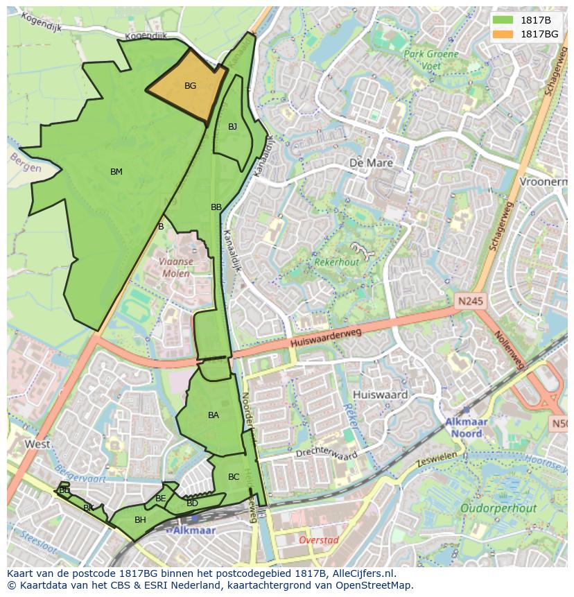 Afbeelding van het postcodegebied 1817 BG op de kaart.