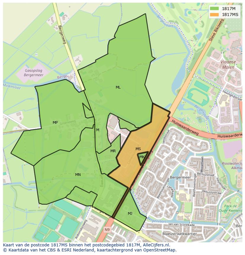 Afbeelding van het postcodegebied 1817 MS op de kaart.