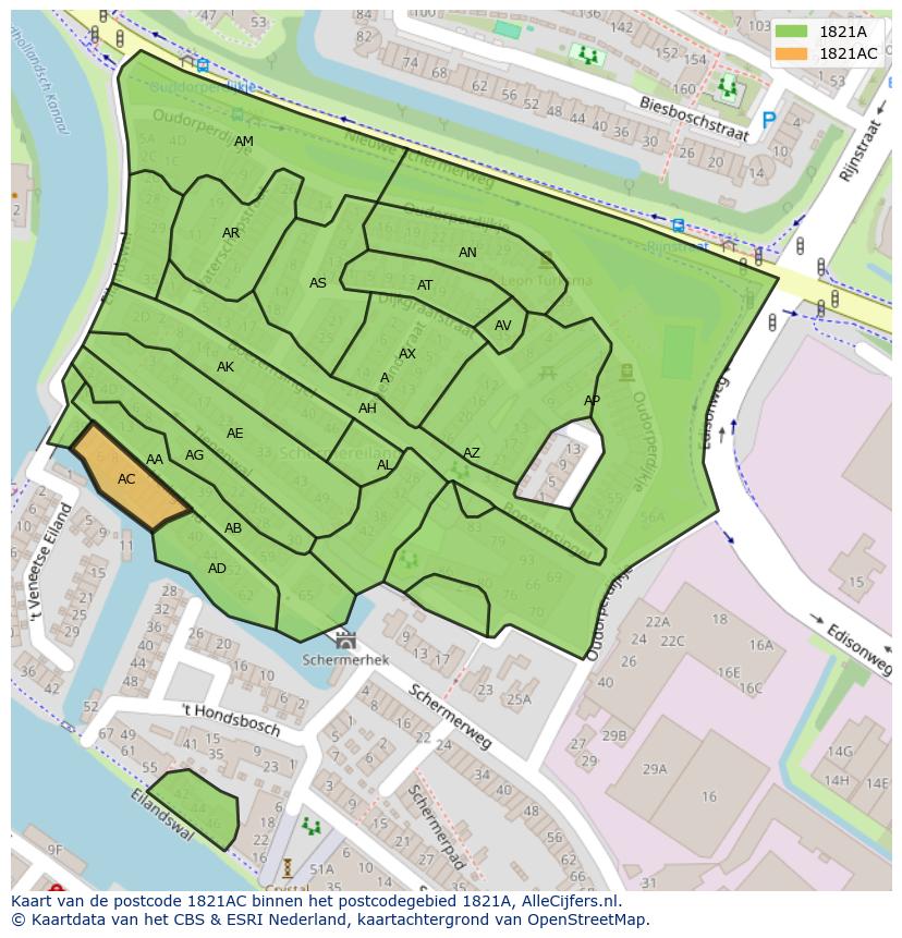 Afbeelding van het postcodegebied 1821 AC op de kaart.