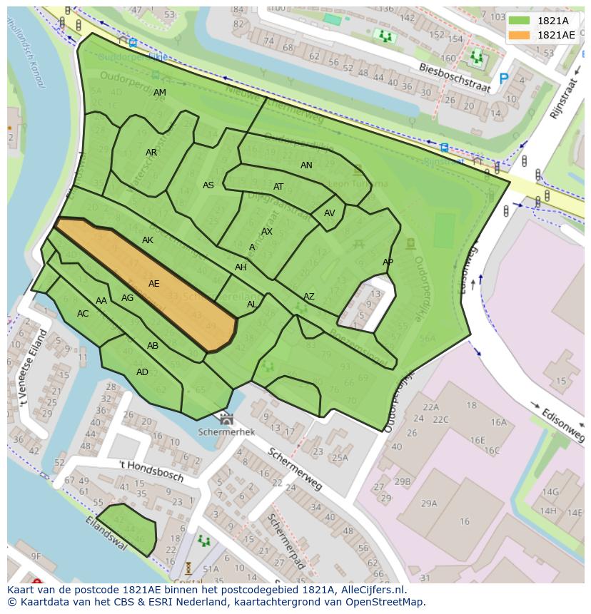Afbeelding van het postcodegebied 1821 AE op de kaart.