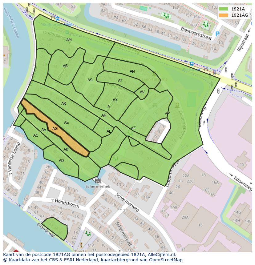 Afbeelding van het postcodegebied 1821 AG op de kaart.