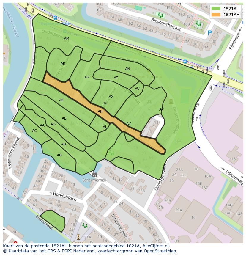 Afbeelding van het postcodegebied 1821 AH op de kaart.