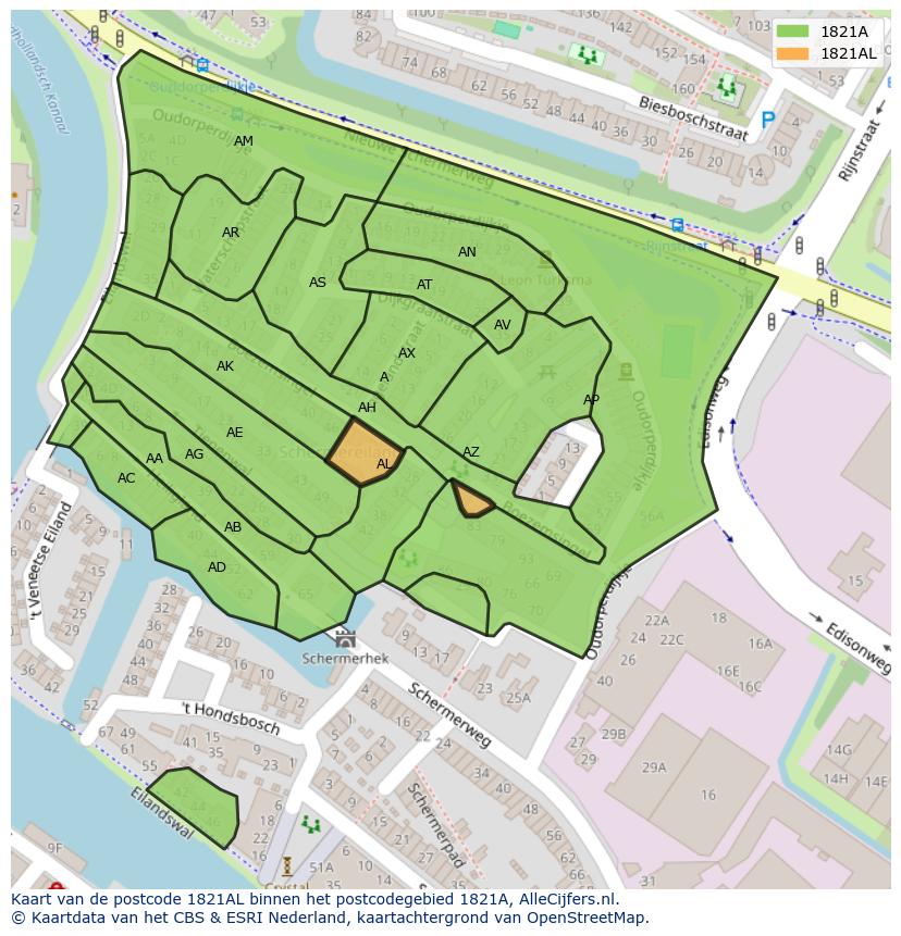 Afbeelding van het postcodegebied 1821 AL op de kaart.