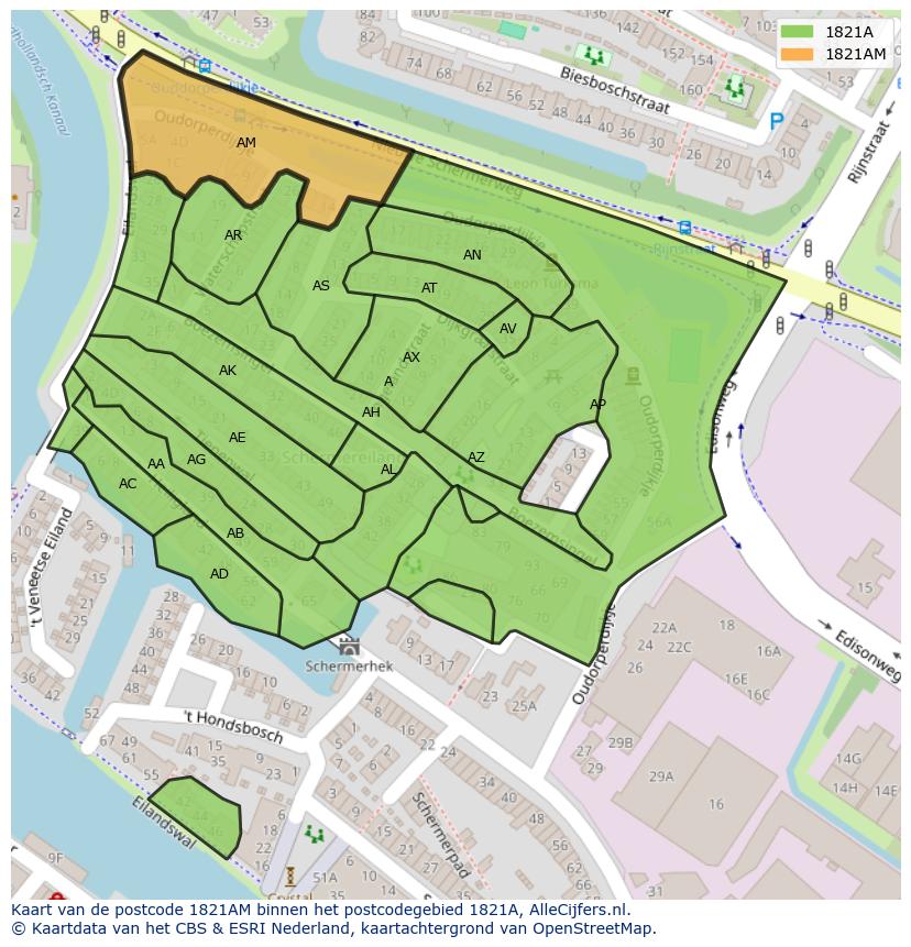 Afbeelding van het postcodegebied 1821 AM op de kaart.