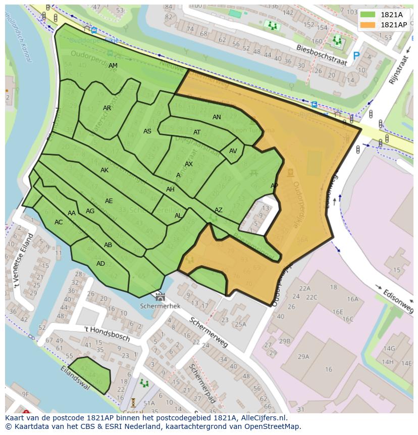 Afbeelding van het postcodegebied 1821 AP op de kaart.