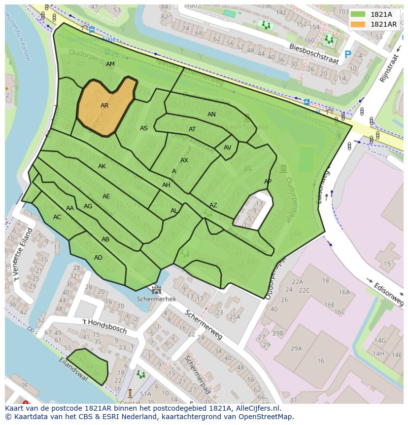 Afbeelding van het postcodegebied 1821 AR op de kaart.
