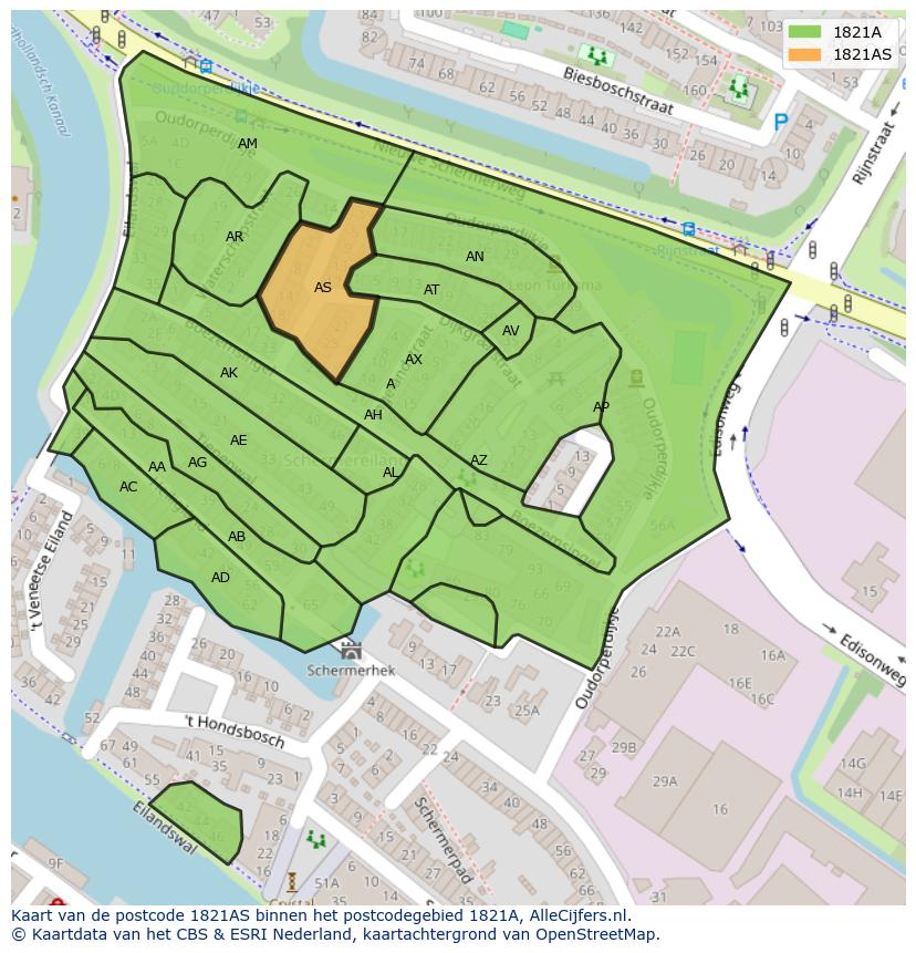 Afbeelding van het postcodegebied 1821 AS op de kaart.