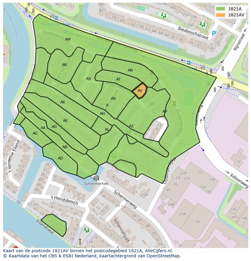 Afbeelding van het postcodegebied 1821 AV op de kaart.