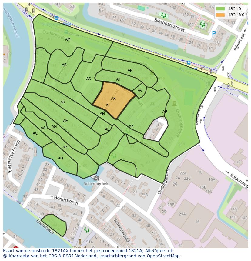 Afbeelding van het postcodegebied 1821 AX op de kaart.