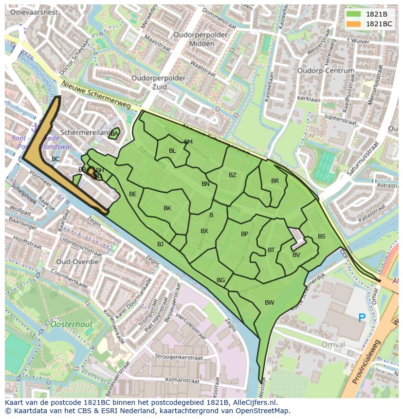 Afbeelding van het postcodegebied 1821 BC op de kaart.
