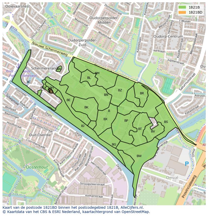 Afbeelding van het postcodegebied 1821 BD op de kaart.