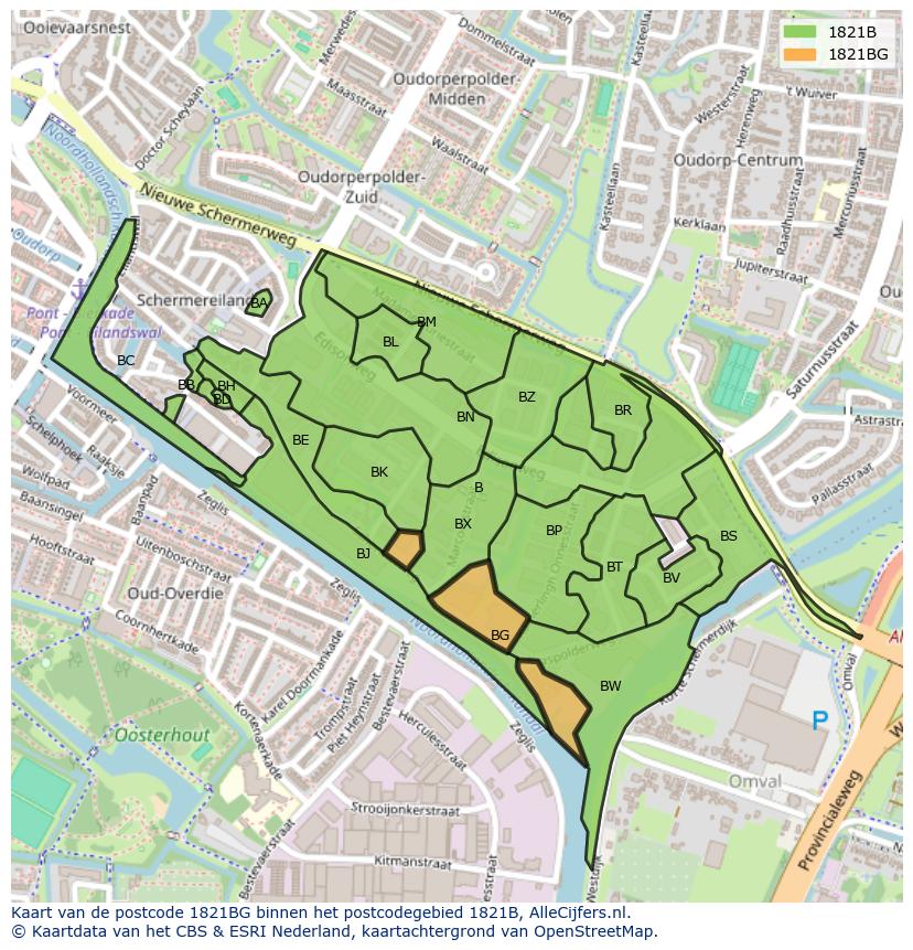 Afbeelding van het postcodegebied 1821 BG op de kaart.
