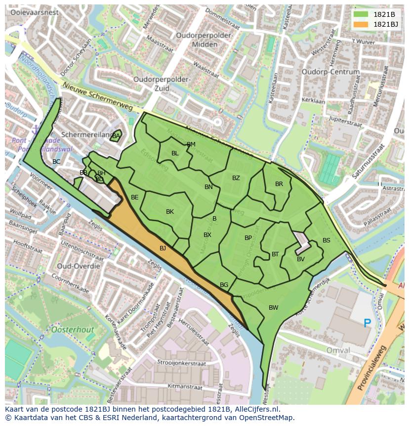 Afbeelding van het postcodegebied 1821 BJ op de kaart.